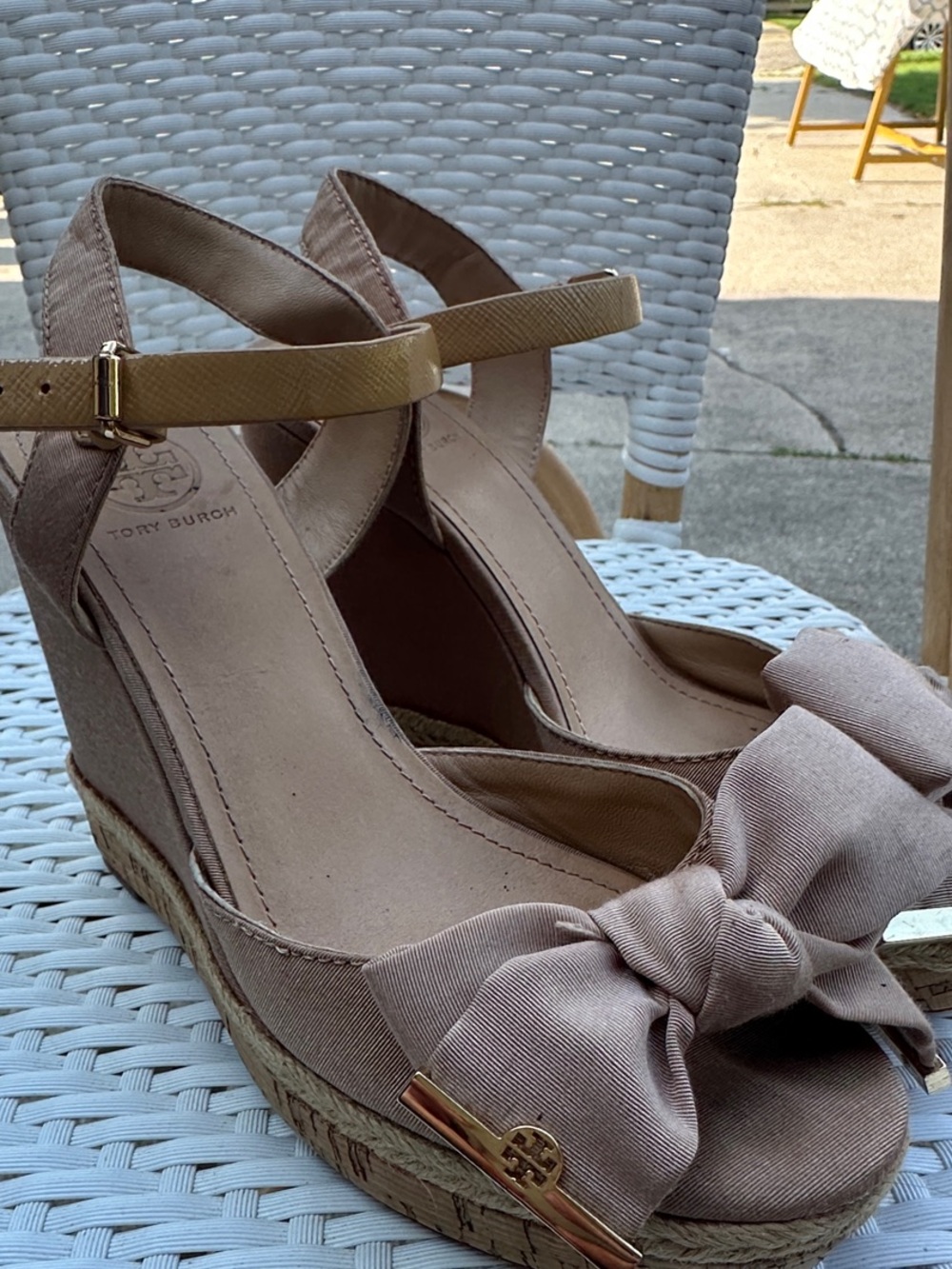 Tory Burch Blush Bow Espadrille Wedge Sandals